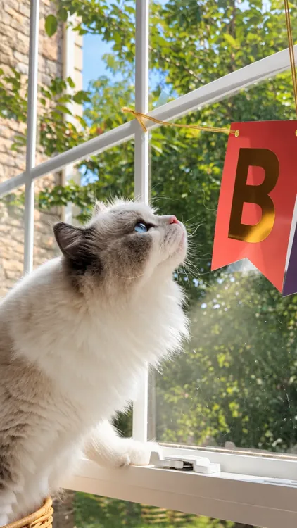 A Ragdoll looking up at a birthday banner beside a sunny, leafy window.